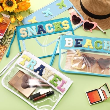 Remerry 4 Pack Clear Chenille Letter Bag Monogram Cosmetic Makeup Bag Travel Snack Beach Stuff Patch Pouch Preppy Accessories for Women Girls(Blue Green Series, Stylish)