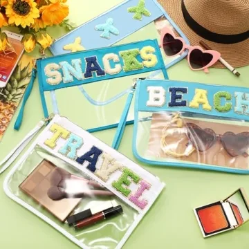 Remerry 4 Pack Clear Chenille Letter Bag Monogram Cosmetic Makeup Bag Travel Snack Beach Stuff Patch Pouch Preppy Accessories for Women Girls(Blue Green Series, Stylish)