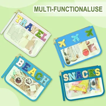 Remerry 4 Pack Clear Chenille Letter Bag Monogram Cosmetic Makeup Bag Travel Snack Beach Stuff Patch Pouch Preppy Accessories for Women Girls(Blue Green Series, Stylish)