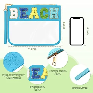 Remerry 4 Pack Clear Chenille Letter Bag Monogram Cosmetic Makeup Bag Travel Snack Beach Stuff Patch Pouch Preppy Accessories for Women Girls(Blue Green Series, Stylish)
