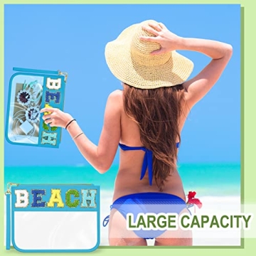 Remerry 4 Pack Clear Chenille Letter Bag Monogram Cosmetic Makeup Bag Travel Snack Beach Stuff Patch Pouch Preppy Accessories for Women Girls(Blue Green Series, Stylish)