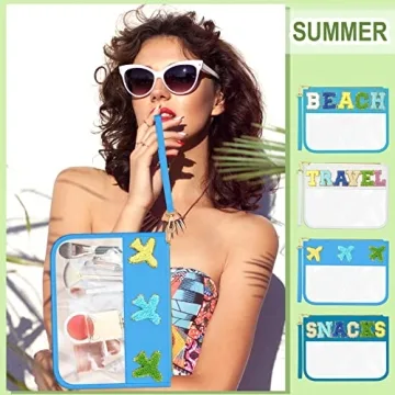 Remerry 4 Pack Clear Chenille Letter Bag Monogram Cosmetic Makeup Bag Travel Snack Beach Stuff Patch Pouch Preppy Accessories for Women Girls(Blue Green Series, Stylish)