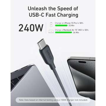Anker USB C Cable, 240W Bio-Braided Type C Fast Charge Cord for iPhone 16/16 Pro, MacBook Pro 2020, iPad Pro,and More(USB 2.0, 3FT, Phantom Black)