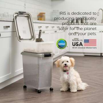 IRIS USA Dog Food Storage Container, 30 lbs & 11 lbs Combo, Cat Food Storage Container, Dog Treat Container, Airtight, Stackable, 2-Cup Scoop, Wheels, Easy Mobility, Chrome