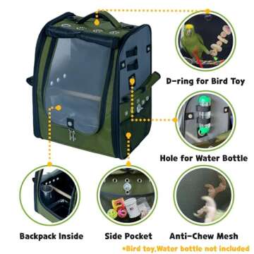 Birds Day Bird Carrier Backpack-Parrot Travel Cage with 2PCS Perch and Food Bowl, Stainless Steel Tray (Dark Olive Green, Small to Medium Birds)