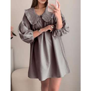ICOBID Women Y2K Gingham Print Babydoll Mini Dress Lapel Doll Collar Puff Long Sleeve Plaid Mini Dress Ruffle Short Dress