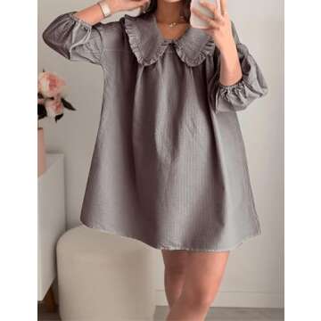 ICOBID Women Y2K Gingham Print Babydoll Mini Dress Lapel Doll Collar Puff Long Sleeve Plaid Mini Dress Ruffle Short Dress
