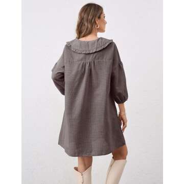 ICOBID Women Y2K Gingham Print Babydoll Mini Dress Lapel Doll Collar Puff Long Sleeve Plaid Mini Dress Ruffle Short Dress