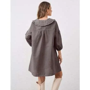 ICOBID Women Y2K Gingham Print Babydoll Mini Dress Lapel Doll Collar Puff Long Sleeve Plaid Mini Dress Ruffle Short Dress