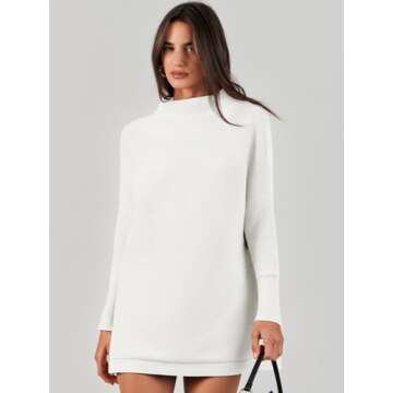 ANRABESS Women Oversized Casual Loose Turtleneck Long Sleeve Slouchy Baggy Knit Tunic Sweaters Pullover 2024 Fall Outfits White Large