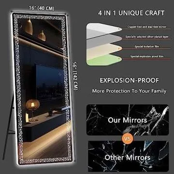 Hasipu 56" x 16" LED Full Length Mirror with Triangle Pattern, Full Body Mirror with Stand, Wall Mounted and Floor Standing Mirror Dimming & 3 Color Modes (White)