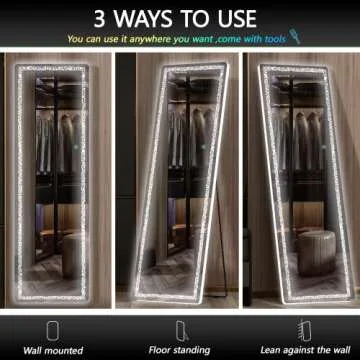 Hasipu 56" x 16" LED Full Length Mirror with Triangle Pattern, Full Body Mirror with Stand, Wall Mounted and Floor Standing Mirror Dimming & 3 Color Modes (White)