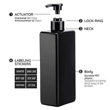 Segbeauty Shower Refillable Dispenser, 3pcs 16.9oz 500ml Pump Press Bottles with Labels, Empty Reusable Plastic Soap Dispenser Bathroom Shower Containers for Body Wash Shampoo Conditioner Lotion Black