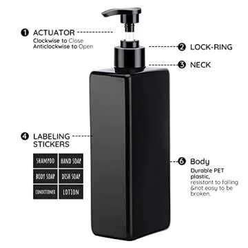 Segbeauty Shower Refillable Dispenser, 3pcs 16.9oz 500ml Pump Press Bottles with Labels, Empty Reusable Plastic Soap Dispenser Bathroom Shower Containers for Body Wash Shampoo Conditioner Lotion Black