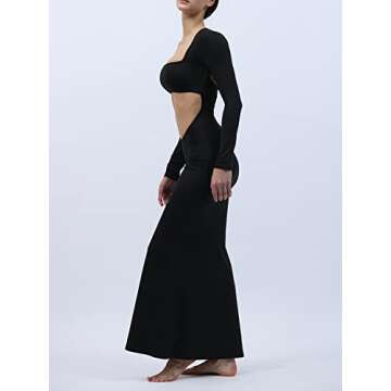 AnotherChill Women's Cut-Out Dress Bodycon Backless Long Sleeve Cocktail Sexy Maxi Dresses for Women Summer Club Party Dress (Long Black, Large)