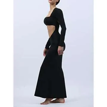 AnotherChill Women's Cut-Out Dress Bodycon Backless Long Sleeve Cocktail Sexy Maxi Dresses for Women Summer Club Party Dress (Long Black, Large)