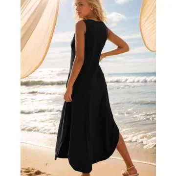 Zilcremo Women's Summer Casual Loose Sundress Long Dress Sleeveless V Neck Split Tshirt Maxi Dresses Black L