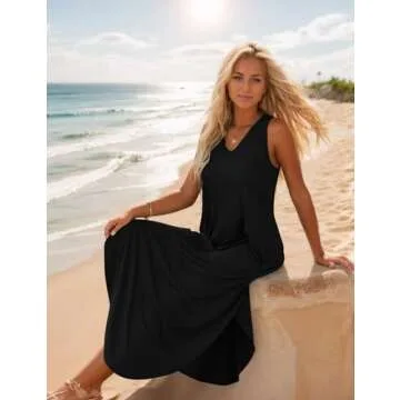 Zilcremo Women's Summer Casual Loose Sundress Long Dress Sleeveless V Neck Split Tshirt Maxi Dresses Black L