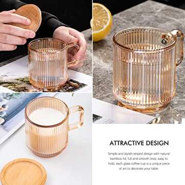 Leadiy Brown Glass Coffee Mug with Lid, Clear Glass Coffee Cups, Classical Vertical Stripes Coffee Mugs for Latte Juice Tea 12.5 Ounces