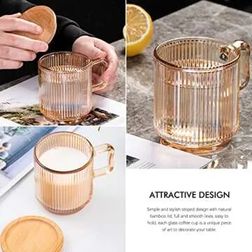 Leadiy Brown Glass Coffee Mug with Lid, Clear Glass Coffee Cups, Classical Vertical Stripes Coffee Mugs for Latte Juice Tea 12.5 Ounces