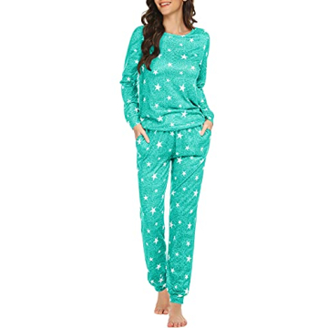 Ekouaer Women's Pajama Set - Long Sleeve Sleepwear with Pockets, Lake Blue White Star
