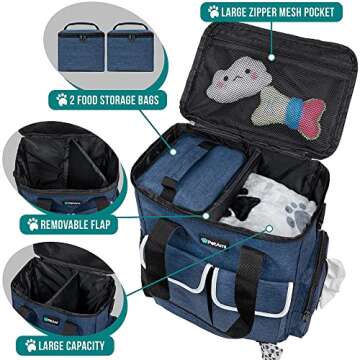 PetAmi Dog Travel Bag Pet Supplies Accessories Organizer for Traveling, Camping, Weekend; Cat Pet Travel Bag Kit Includes 2 Food Storage Containers, 2 Collapsible Bowls, 1 Feeding Mat (Navy Blue)