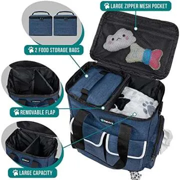 PetAmi Dog Travel Bag Pet Supplies Accessories Organizer for Traveling, Camping, Weekend; Cat Pet Travel Bag Kit Includes 2 Food Storage Containers, 2 Collapsible Bowls, 1 Feeding Mat (Navy Blue)