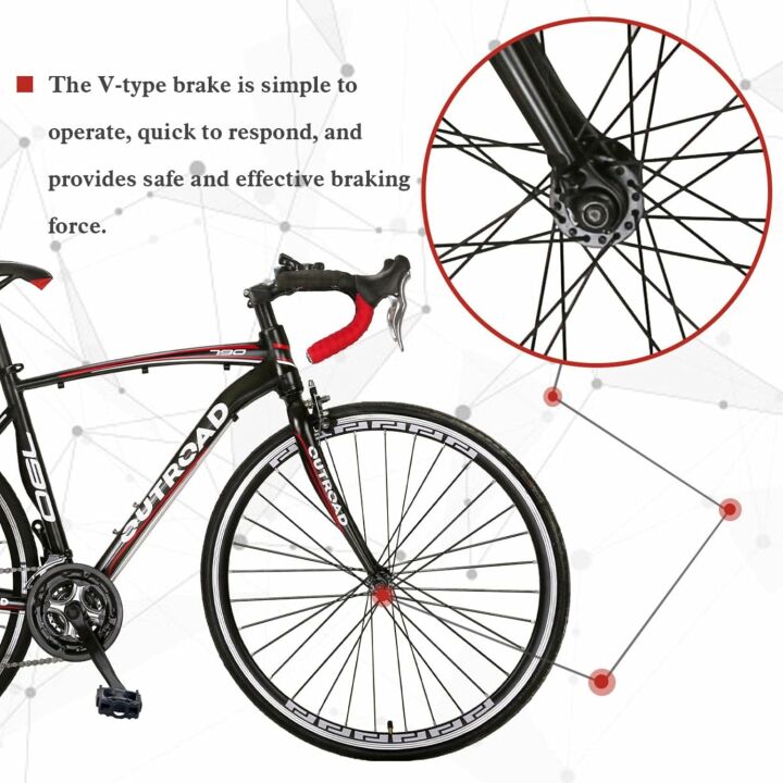 PanAme 14-21 Speed Road Bike with Light Aluminum Alloy Frame, 700C Wheel Commuter Bicycle with Dual Disc/V Brakes for Men and Women, Adult Faster Racing Bike (Black, Red, Blue, White)