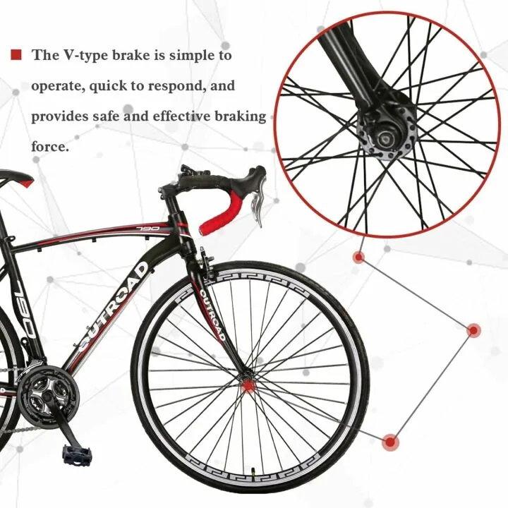 PanAme 14-21 Speed Road Bike with Light Aluminum Alloy Frame, 700C Wheel Commuter Bicycle with Dual Disc/V Brakes for Men and Women, Adult Faster Racing Bike (Black, Red, Blue, White)