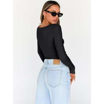 Trendy Queen Womens Tops Trendy Fashion Clothes Going Out Long Sleeve Shirts V Neck Basic Y2K Cute Shirt Slim Fitted Corset Black M