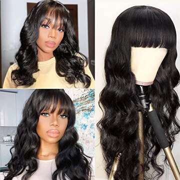 Body Wave Wigs with Bangs Human Hair Wigs for Black Women None Lace Front Wigs 150% Density Brazilian Virgin Hair Glueless Machine Made Wig Natural Color(18 Inch, Body Wave)