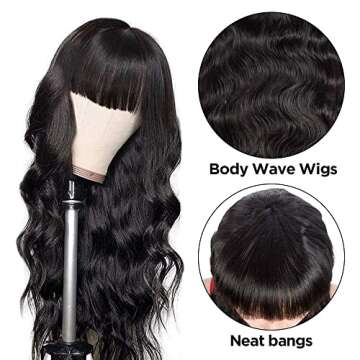 Body Wave Wigs with Bangs Human Hair Wigs for Black Women None Lace Front Wigs 150% Density Brazilian Virgin Hair Glueless Machine Made Wig Natural Color(18 Inch, Body Wave)