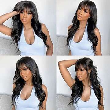 Body Wave Wigs with Bangs Human Hair Wigs for Black Women None Lace Front Wigs 150% Density Brazilian Virgin Hair Glueless Machine Made Wig Natural Color(18 Inch, Body Wave)