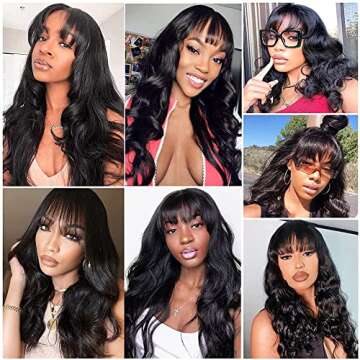 Body Wave Wigs with Bangs Human Hair Wigs for Black Women None Lace Front Wigs 150% Density Brazilian Virgin Hair Glueless Machine Made Wig Natural Color(18 Inch, Body Wave)
