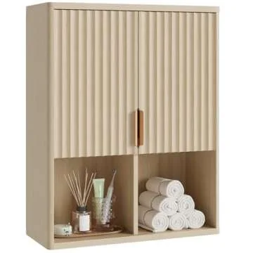 Besiter Fluted Bathroom Wall Cabinet Over The Toilet Storage, 23"x 29" Medicine Cabinet with Adjustable Shelf, Laundry Cabinet Wall Mounted and Kitchen Storage Cabinet(Natural Oak)