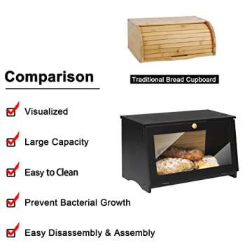 HOMEKOKO Wood Bread Box for Kitchen Counter, Single Layer Bamboo Large Capacity Food Storage Bin (BLACK)