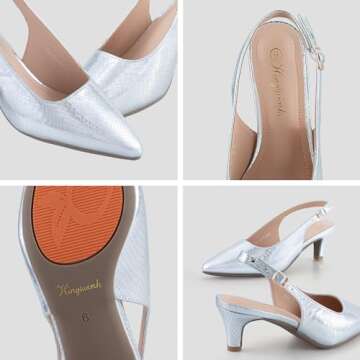 hingswink Silver Slingback Heels for Women Closed Toe Heels Kitten Heels for Women Dressy Pointed To...