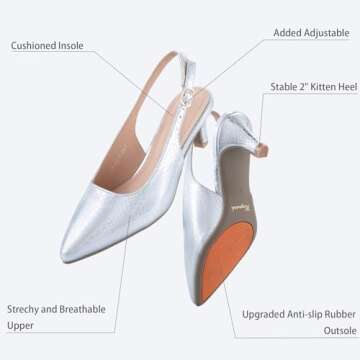 hingswink Silver Slingback Heels for Women Closed Toe Heels Kitten Heels for Women Dressy Pointed Toe Sling Back Heels Women 2 Inch Low Heel Dress Shoes for Women Pumps for Women, Silver08