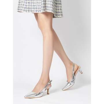 hingswink Silver Slingback Heels for Women Closed Toe Heels Kitten Heels for Women Dressy Pointed Toe Sling Back Heels Women 2 Inch Low Heel Dress Shoes for Women Pumps for Women, Silver08