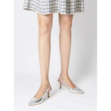 hingswink Silver Slingback Heels for Women Closed Toe Heels Kitten Heels for Women Dressy Pointed Toe Sling Back Heels Women 2 Inch Low Heel Dress Shoes for Women Pumps for Women, Silver08