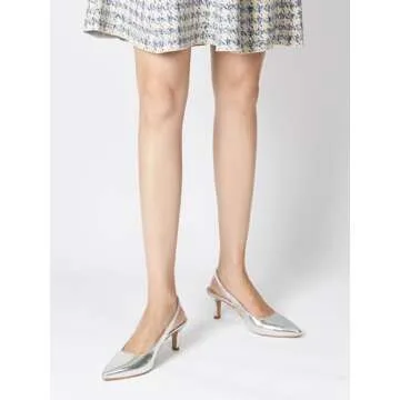 hingswink Silver Slingback Heels for Women Closed Toe Heels Kitten Heels for Women Dressy Pointed Toe Sling Back Heels Women 2 Inch Low Heel Dress Shoes for Women Pumps for Women, Silver08