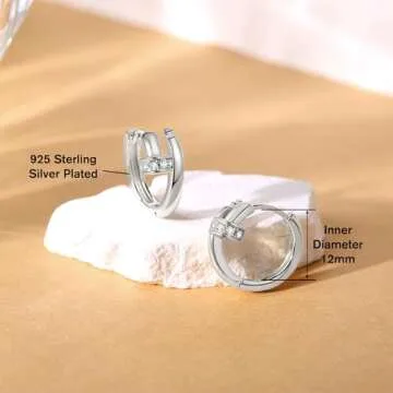 Me&Hz Silver Huggie Earrings Small Huggie Hoop Earrings for Women White Gold Plated Hypoallergenic L...