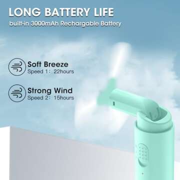 Andwing Handheld Fan Rechargeable, Mini Portable Fan Small Hand Fan, 3000mAh Battery Operated 22Hrs+ Makeup Eyelash Fan Personal Fan Gifts for Women Girls Men Travel Indoor Outdoor (Green)