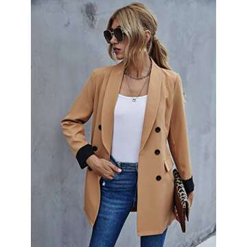 SheIn Women's Lapel Collar Button Front Blazer Long Sleeve Double Breasted Jacket Tops Khaki Medium