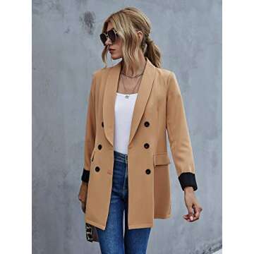 SheIn Women's Lapel Collar Button Front Blazer Long Sleeve Double Breasted Jacket Tops Khaki Medium