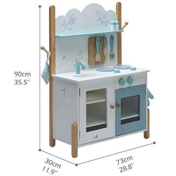 labebe Kids Wooden Pretend Kitchen Playset, Toddler Play Kitchen Set Cupboard Groceries, Pretend Food and Role Play for Children Boy & Girl - Bird Print White/Blue