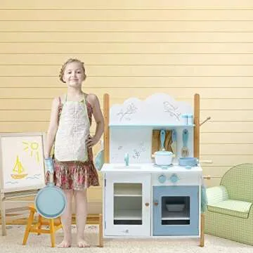 labebe Kids Wooden Pretend Kitchen Playset, Toddler Play Kitchen Set Cupboard Groceries, Pretend Food and Role Play for Children Boy & Girl - Bird Print White/Blue