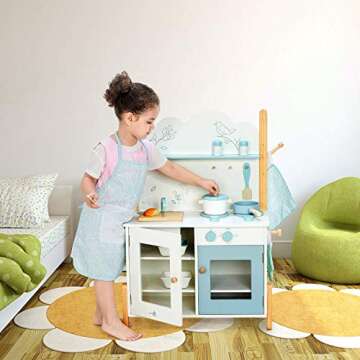 labebe Kids Wooden Pretend Kitchen Playset, Toddler Play Kitchen Set Cupboard Groceries, Pretend Food and Role Play for Children Boy & Girl - Bird Print White/Blue