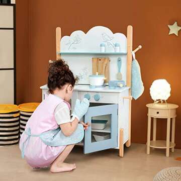labebe Kids Wooden Pretend Kitchen Playset, Toddler Play Kitchen Set Cupboard Groceries, Pretend Food and Role Play for Children Boy & Girl - Bird Print White/Blue