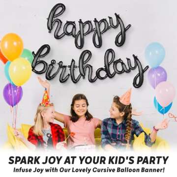 Elegant Cursive Black Happy Birthday Balloons Banner for Celebrations